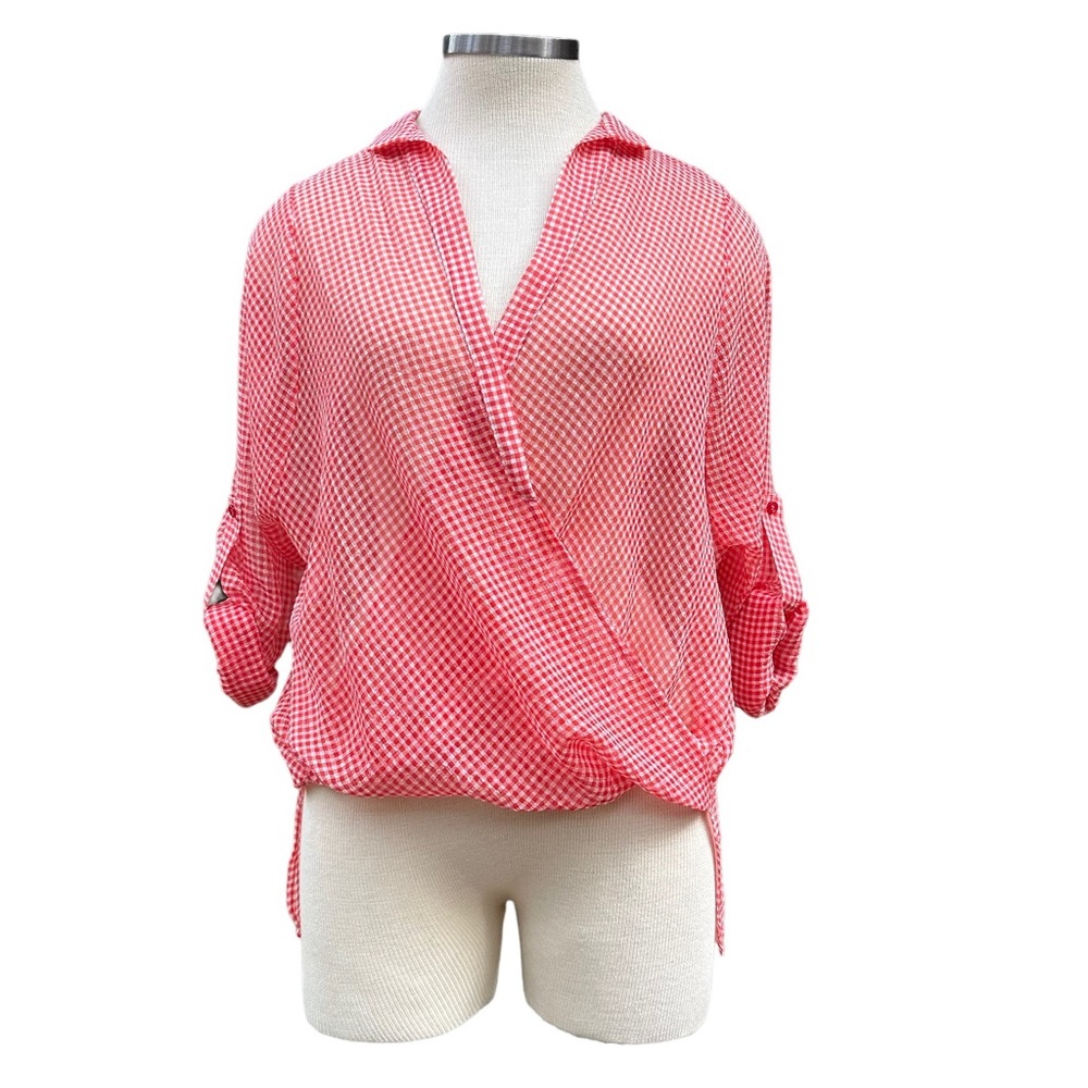 Hot & Delicious Gingham Top Wrap Red White Semi Sheer Small S NWT